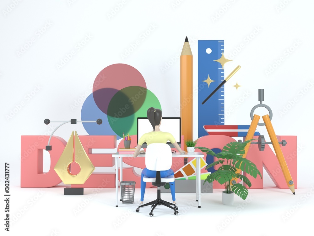 Wall mural girl web designer in a working environment. 3d icons and graphic design elements on a white backgrou