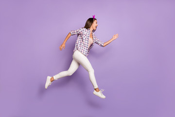 Full size profile side photo of funky crazy girl jump run after black friday discounts scream wear vintage style outfit isolated over purple color background