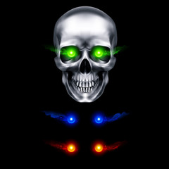 Human Metallic Skull with Green Flaming Eyes. The Concept of Death, Horror. A Symbol of Spooky Halloween. Isolated Object on a Black Background, Can be Used with any Image