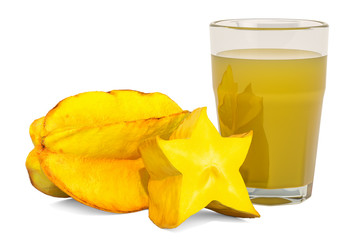Glass of carambola juice with carambola, 3D rendering © alexlmx