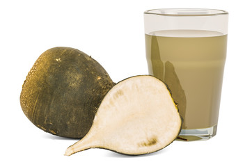 Glass of black big radish juice with black big radishes, 3D rendering © alexlmx