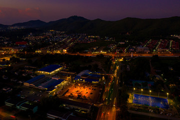 Naklejka premium Aerial view of Sattahip city with twilight sky, Thailand
