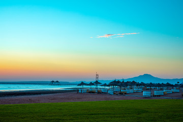 Fototapeta na wymiar Beautiful sunset on the beach by the Red Sea, Sharm El Sheikh, Egypt.