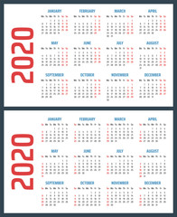 calendar for 2020 starts sunday and monday, vector calendar design 2020 year