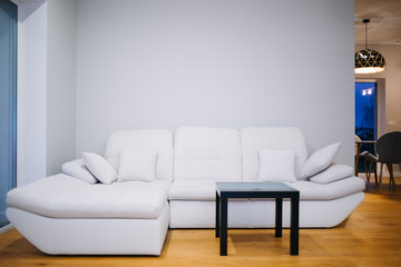 White modern leather sofa against white, empty wall with copy space in simple living room interior