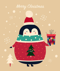 Amazing illustration of cute penguin in red sweater