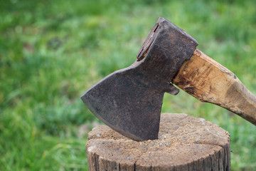 The ax is stabbed with a blade into the stump. Ax with wooden handle