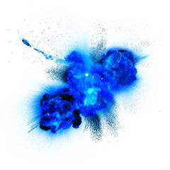 Fiery blue bomb explosion with sparks isolated on white background