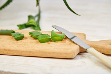 Fresh aloe vera on cutting board on white background