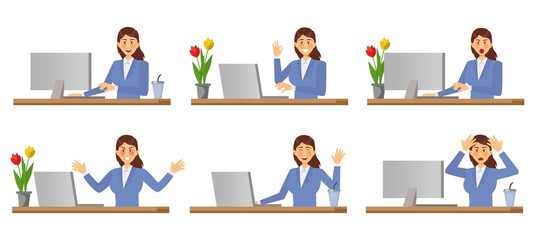 Stages of doing work on a laptop. Businesswoman works at a computer. The working process. Vector illustration