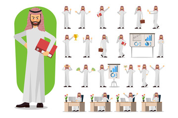 Set of Businessman character design, Muslim businessman. Vector illustration.