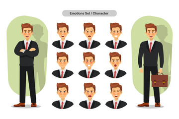Fototapeta na wymiar Set of business man facial different expressions. Man emoji character. Vector illustration.