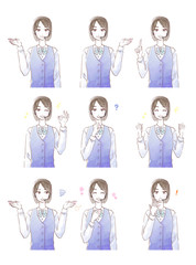 ヘッドセットを付けた若い女性オペレーターの表情セット