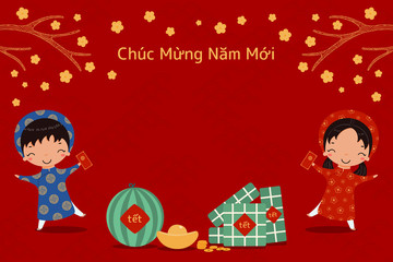 Hand drawn vector illustration for Tet with cute kids in ao dai, rice cakes, gold, watermelon, apricot flowers, Vietnamese text Happy New Year. Flat style design. Concept holiday card, poster, banner.