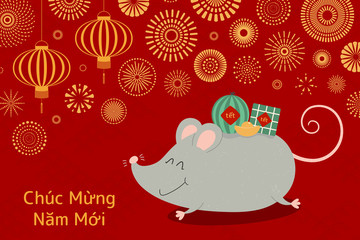 Hand drawn vector illustration for Tet with cute rat carrying rice cake, watermelon, gold, fireworks, lanterns, Vietnamese text Happy New Year. Flat style design. Concept holiday card, poster, banner