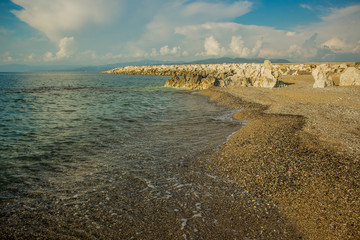 peaceful idyllic Mediterranean sea beach coast line scenic landscape view near Kyparissia small city in Greece 