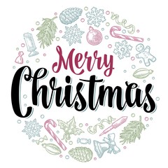 Circle shape set for Merry Christmas. Vector vintage color engraving