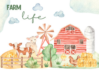 Watercolor card life of a farmer with cute horse, lamb, chicken, barn, hay © MarinaErmakova