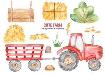 Watercolor cute farm with a red tractor with a trailer, hay, plate, bush - obrazy, fototapety, plakaty