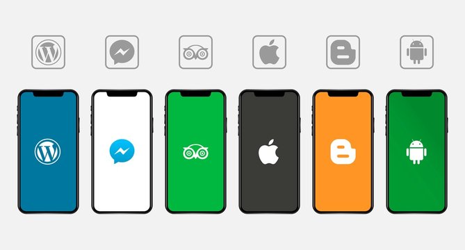 Rawang, Malaysia - November 11, 2019: Apple Iphone with different mobile application logos: Wordpress, Facebook messenger, TripAdvisor, Apple, blogspot, android 