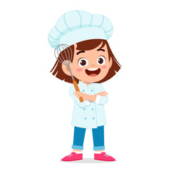 happy cute kid girl in chef costume