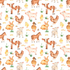 Watercolor seamless pattern with cute cartoon farm animals on a white background
