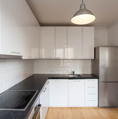Small modern kitchen in minimalism style. Studio apartment interior design