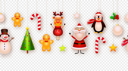 Christmas decor, hanging ornaments vector background. Garland. Christmas tree, snowman, santa, star, reindeer, gigngerbread. New year, winter holiday decoration isolated on transparent background.