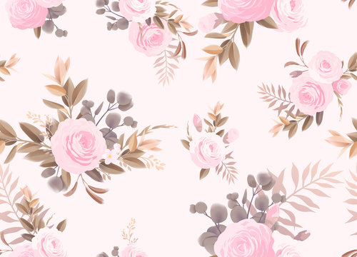 Seamless floral pattern with flowers on light background. Engraving style. Template design for textiles, interior, clothes, wallpaper.  Vector illustration art