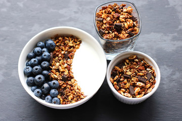 Bowl of homemade granola with yogurt and fresh berries