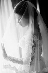 monochrome portrait of caucasian beautiful attractive woman bride in traditional european white dress