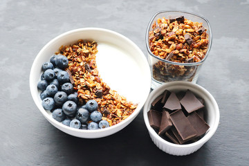 Bowl of homemade granola with yogurt and fresh berries