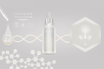 Beauty product ad design, white cosmetic container with collagen solution advertising background ready to use, luxury skin care banner, illustration vector.	