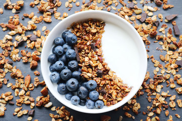 Bowl of homemade granola with yogurt and fresh berries