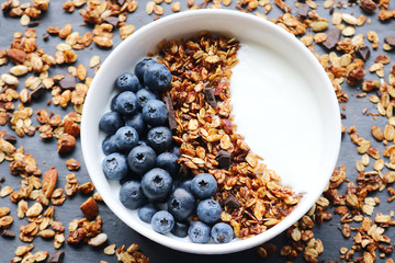 Bowl of homemade granola with yogurt and fresh berries