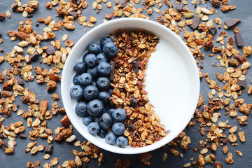 Bowl of homemade granola with yogurt and fresh berries