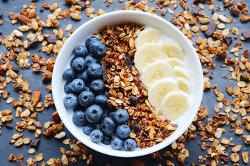 Bowl of homemade granola with yogurt and fresh berries
