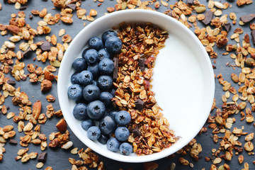 Bowl of homemade granola with yogurt and fresh berries