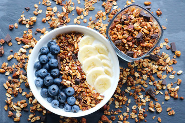 Bowl of homemade granola with yogurt and fresh berries