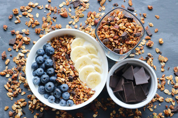 Bowl of homemade granola with yogurt and fresh berries