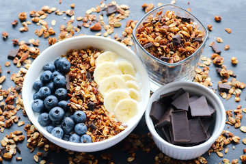 Bowl of homemade granola with yogurt and fresh berries