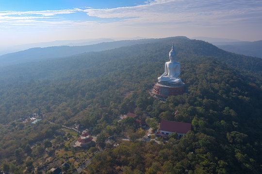 Aerial view shot of Largest buddha statue at Mukdahan in Thailand.