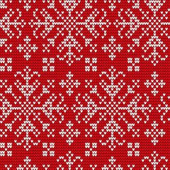 Fototapeta na wymiar Christmas embroidery snowflakes on red wallpaper. Cover for gift, element of sweater with knitwear pattern. Repeat traditional winter ornament on wool textile. Xmas handicraft vector seamless pattern