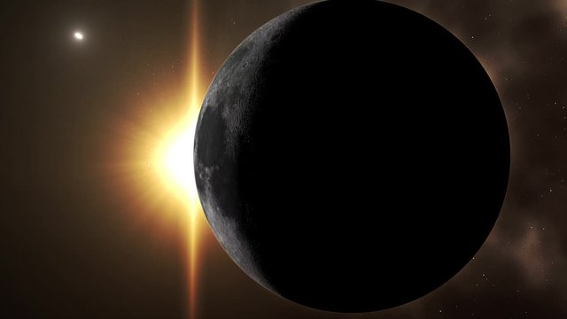 Galaxy with Moon and Sun. Sunrise and sunset in space on Moon. Sun and Moon rotating and approach in open space on the Milky Way. An eclipse of the Sun. Images of Nasa. 4k