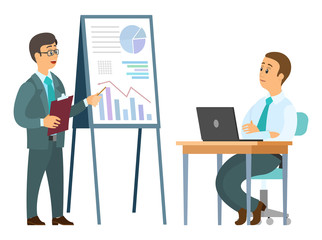 Business education, man teaching person, webinar or seminar. Businessman sitting at table with laptop, teacher and listener indoor, company success vector