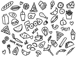 Set of food outlined drawings. Simple hand drawn doodles with different type of tasty food objects. Black and white, elements. 