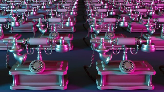span of the camera over the even rows of antique telephones in neon light 3d animation