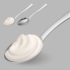 Spoon with Cream Concept of Teaspoon with Yoghurt or Sour Cream for Healthy Cooking or Baking and Confectionery. Realistic Style Trend Modern Foodie Logotype Graphic Simple Design Element on Gray