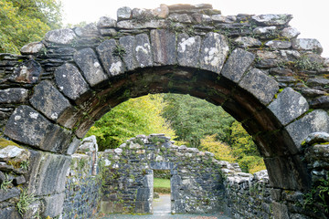 Fototapeta na wymiar View of the ruins of an ancient church. Reefert Ghurch. Glendaloh.Tourism in Ireland.