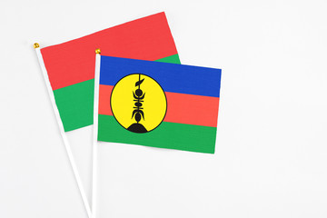 New Caledonia and Burkina Faso stick flags on white background. High quality fabric, miniature national flag. Peaceful global concept.White floor for copy space.